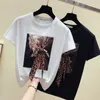 Korea Vit T-shirt Kvinnor O-Neck Sommar Kortärmad Appliques Vintage T-shirt Toppar Casual Black Tee Femme 210604