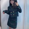 Women's Fashion Blazers Dark Green Lattice Plaid Tweed Notched Double-Breasted Fitted Casual Chic Short Coats 210521