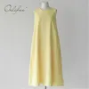 Summer Women Long Tank Yellow Plain Sleeveless Maxi Hemp Linen Dress 210415