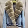 FURSARCAR High Quality Real Fur Coats Winter Women Coats Fashion Warm Fur Collar Jean Splice Jacket Female Overcoat 211112