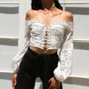 White Lace Tops Women Crop Hollow Out Sexy Short Sleeve Fashion Summer Clothes Bandage V-Neck T-shirt