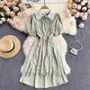 College Sweet Dress Women Fashion Summer Contrast Lapel Lace-up Hollow Slim A-line Short Sleeve Vestidos S448 210527