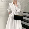 White Elegant Shirts Dress Woman with Belt Rivet Maxi Vestido Women Clothing Vintage Single-breasted OL Work Dresses Female 210603