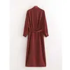 ZA Wijn rode jurk voor vrouwen vintage turn-down kraag lange mouw shirt stijl jurken met riem chic 210604