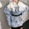 Elegante Patchwork Denim Jacket voor Dames Revers Puff Long Sleeve Hit Color Casual Jassen Vrouwelijke Mode 210524