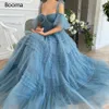 Boom Blue Long Prom Dresses Sweetheart Crumpled Tule Ruffles Avondjurken Off Shoulder Tiered A-Line Party Jurken Bow Belt 210719