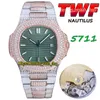 TWF 5711 PP324 A324 Relógio masculino automático Pavimentado Versão com diamantes Mostrador verde Vara totalmente congelada Diamante Aço inoxidável Dois tons Pulseira eternidade Jóias Relógios