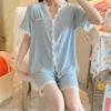 Bawełniane kobiety piżamas garnitur z koronki miękkie salwear nocny salon nosić casual nightwear intymny bielizna V-Neck Homewear shirtshorts Q0706