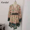 Foridol Floral Imprimer Robe Bohème Casual Manches Longues Summer Beach Style Robe Courte Femmes Femme Élégante Mini Robes 210415