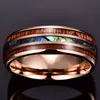 Alianças de casamento moda 8 mm ouro rosa carboneto de tungstênio havaiano madeira Koa e concha de abalone anel de opala incrustado banda joias masculinas 244P