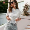 Conmoto Casual Bianco coulisse T-Shirt T-shirt Ruffled O-Collo Manica corta T Tops Cotton Elegante vacanze Top Shirt Summer 210623