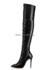 Boots Pointed Toe Black Leather Knee High Thin Heel Classical Style Women Lace-up Slim Bandage Long