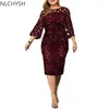 Plus Größe Kleider Party Kleid Damen Midi Pailletten Mesh Langarm Spitze Elegante Bodycon XL-4XL 5XL Abend Frau Sommer 2021