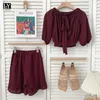 Ly varey lin verão mulheres casual lace up bow tops + cintura elástica ruffles shorts escritório senhora sólida cor conjuntos de duas peças conjunto 210526