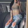 Automne Hiver Style Streetwear T-shirt Stringy Selvedge Mesh Sheer Grille Impression À Manches Longues O-cou Mode Basic Crop Top 210517