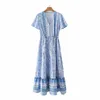 Vestidos de Verão para Mulheres Blue Bohemian Imprimir Chiffon Maxi Vestido Mulher Manga Curta Plissada Cintura Feriado Vestidos Cinto 210430