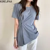 Korjpaa Kvinnor T-shirt Sommar Korea Chic All-Match Haze Blå Rund Halsjusterbar Spänne Midja Design Oregelbundna Pullovers 210526
