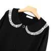 Czarny stały aksamitny przycisk Peter Pan Collar Ruffle Lace Długi rękaw Mid-Calf Dress Elegant Winter Autum Prosto D1486 210514