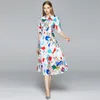 Fashion Runway Summer Midi Dress Women Half Sleeve Bow Collar Floral Chain Print Vintage Dress Kvinna Holiday A-Line Dress 210514