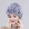 Sälj Kvinnor Vinter Strikkad Real Rex Kanin Fur Hat Fluffy Natural Cap Lady Good Elastic 100% Äkta hattar 211119