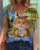 ネクタイ染料3Dフローラルプリント女性Tシャツカジュアル半袖ルースプラスサイズトップスファッションストリートレディースVネック夏ティー210623