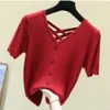 Летние V-образные шеи с коротким рукавом вязаная футболка женщины повседневная бесконсующаяся кнопка ремешка тонкий тонкий пуловер футболка Femme плюс размер 210522