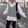 houndstooth vintage sweater vest women streetstyle casual autumn winter pullovers vest knitted ribbed tops 210415