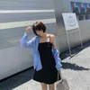 韓国の青いブラウスやトップスの女性の夏の緩いカーディガン長袖シャツの女性のオフィスレディースストリートウェアBF Ins Blusas 210515
