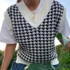 Höst vintage tröja västar lös tusen fågel plaid v-hals sticka Waistcoat Sweater Vest kvinnlig tröja high street 210514