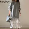 Korobov Korean Loose O Neck Long Sleeve Women Hoodies Dress Vintage Mid Length Thick Female Dresses New Chic Vestidos 210430