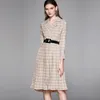 Różowa Plaid Drukuj Sukienka Kobiety Lato Spadek Z Długim Rękawem Sashes Midi Party Dresses Elegancka Biuro Lady Workwear Vestidos Ropa Mujer 210520