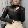 Koreanischer Halbkragen Goldlinien Rosa Pullover Langarm Weiblicher Stil Sexy Herbst Winter Mesh Dick Gestrickt 61C 210420