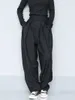 [Eam] cintura alta preta breve plissada longa perna calças soltas calças cabanas moda moda primavera outono 1s399 210925