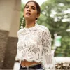 Mode Zomer Boho Mini Blouse Lange Puff Sleeve Crop Tops Sexy Perspectief O-hals Witte Kant Blouses Dames Casual Shirts