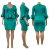 African Women Bodycon Dresses Puff Sleeves Ruffles Peplum Tight Green Package Hip Office Female Large Size Ladies Fashion 210416