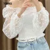 Sexy Off Shoulder Kant Blouse Tops Vrouw Mesh Garen Shirts Polka Dot Lantern Sleeve Sweet Lolita Blouses 210421