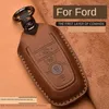 Crazy Horse Leather Car Key Case för Mustang 2018 Ecosport Smart Remote Fobs Shell Cover Keys Väska Keychain Auto Tillbehör