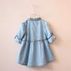Vår hösten 3-12 åldrar barn broderi blomma lång och kortärmad dubbel användning denim blå elegant klänning för flicka med bälte 210529