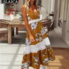 Elegant Women's Dress V-Neck Sling Print Lace Patchwork Maxi Fashion Boho High Waist Thigh Slit Sexy Beach Party 210520