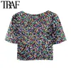 Trafik Kvinnor Sexig Fashion Färg Glänsande Sequin Beskuren Blusar Vintage Short Sleeve Side Zipper Kvinnor Chic Toppar 210415