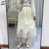 Oregelbunden sommar lång tulle kjol Kvinnor Koreansk stil Vit Mesh Hög midja estetisk MIDI Pleated Kvinna 210421