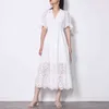 White Dress For Women V Neck Short Sleeve High Waist A Line Mid Lace Patchwork Solid Dresses Female Summer 210520