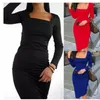 Women Pencil Dress Elegant Fashion Sexy Ladies Cocktail Party Slim Clubwear Square Collar Long Sleeve Design Bodycon Clothing 210522