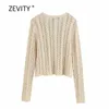 Mulheres moda jacquard malha oco out knitting casual suéter curto senhoras manga longa cardigan camisola fina tops s337 210603