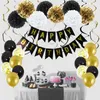 33 Pz / set Banner in oro nero Lattice Coriandoli Palloncino Pompon di carta Fiore Spirale Appeso Decorazione di buon compleanno Forniture per feste 210408