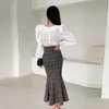 Women Runway Two Pieces Set O Neck Spring Puff Sleeve Shirts Top + Plaid Irregular Mermaid Skirt Female Office Ladies Skirt Suit 210514