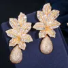 Cwwzircons 3 Tone Gold Luxury Large Leaf Drop Flower Micro Cubic Zirconia Paled Naija Wedding Party Earring for Women CZ644 2201194231541