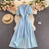 Women Fashion Sexy V-neck Single Breasted Slim Embroidery Hollow Out Holiday A-line Dress Summer Short Sleeve Vestidos S162 210527