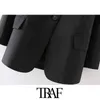 TRAF Women Fashion Single Button Slim Blazer Coat Vintage Long Sleeve Pockets Female Outerwear Chic Veste Femme 210415