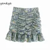 Vintage Print Folds Skirt Women Side Zipper High Waist Mini Jupe Femme Hem Ruffle Summer Satin 210430